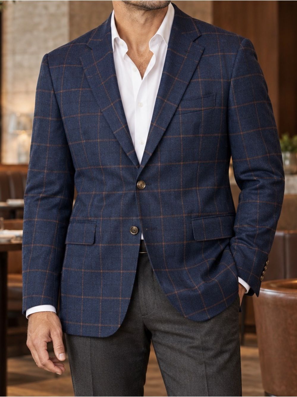 TailoRed Carlo Barbera Super Stretch Navy Plaid Wool Blazer Sz. 44R